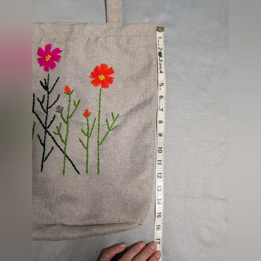 Floral Embroidered Tweed Tote Bag w/ Pink, Purple & Orange Flowers + Zip Closure